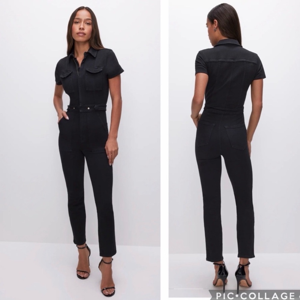 Good American Black Short-Sleeve Denim Jumpsuit